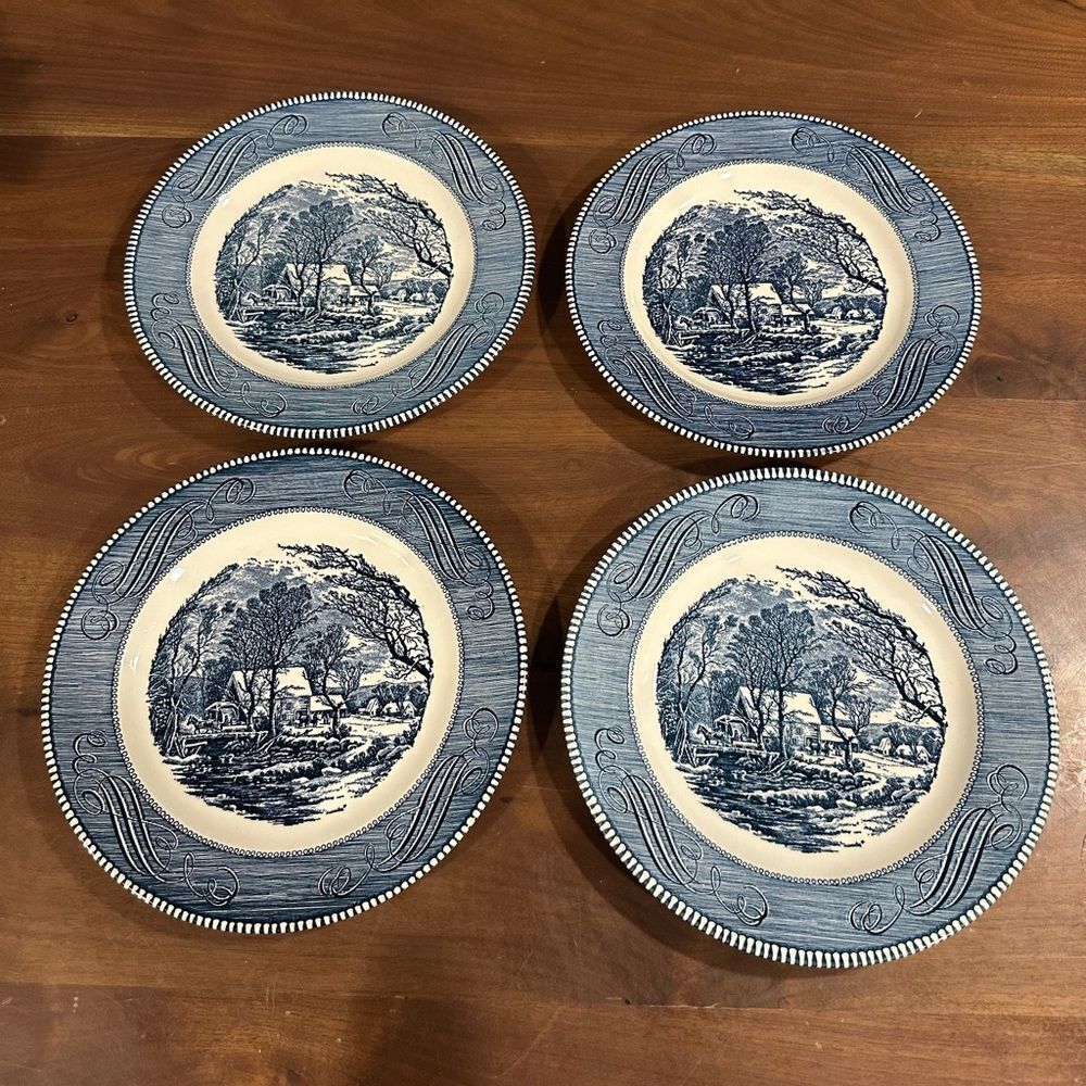 Set of 4 Currier and Ives Blue Old Grist Mill 10" Dinner Plate by Royal